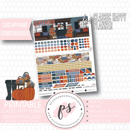 Fall Dusk September 2018 Monthly View Kit Digital Printable Planner Stickers (for use with Classic Happy Planner) - Plannerologystudio