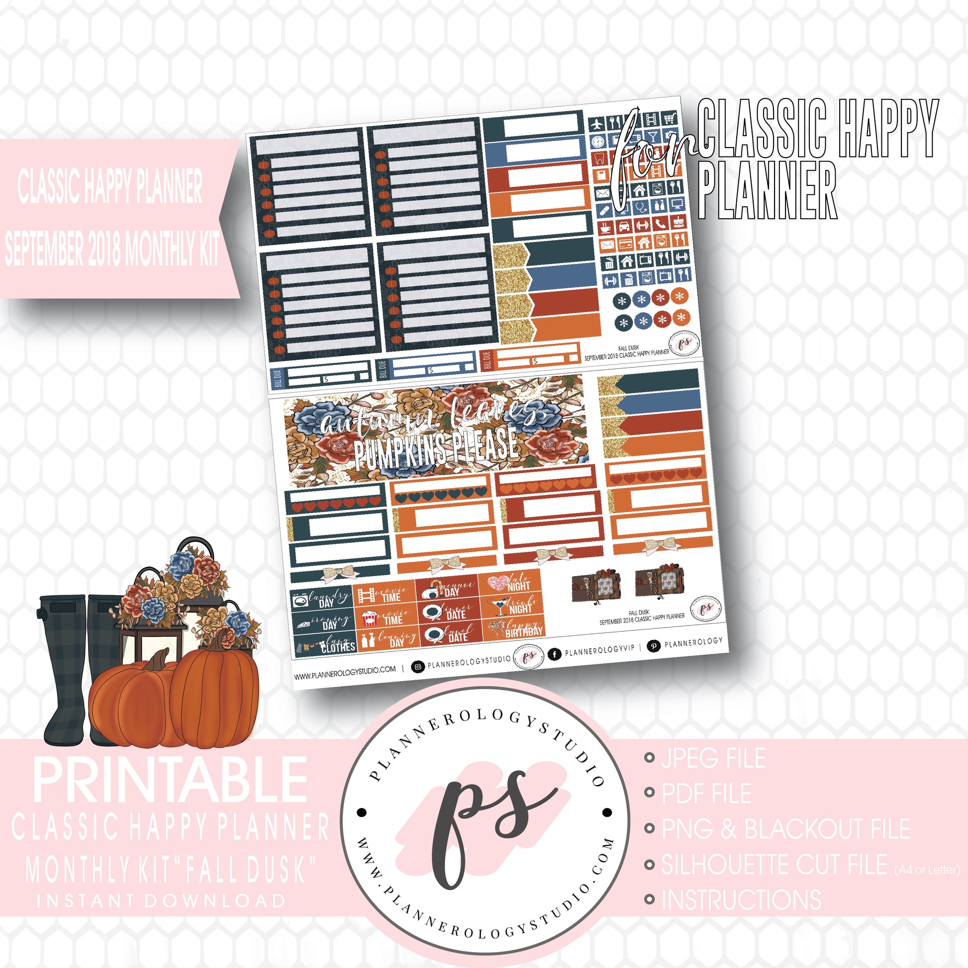 Fall Dusk September 2018 Monthly View Kit Digital Printable Planner Stickers (for use with Classic Happy Planner) - Plannerologystudio