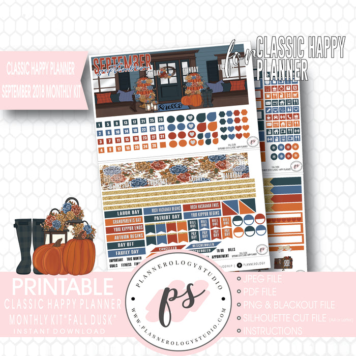 Fall Dusk September 2018 Monthly View Kit Digital Printable Planner Stickers (for use with Classic Happy Planner) - Plannerologystudio