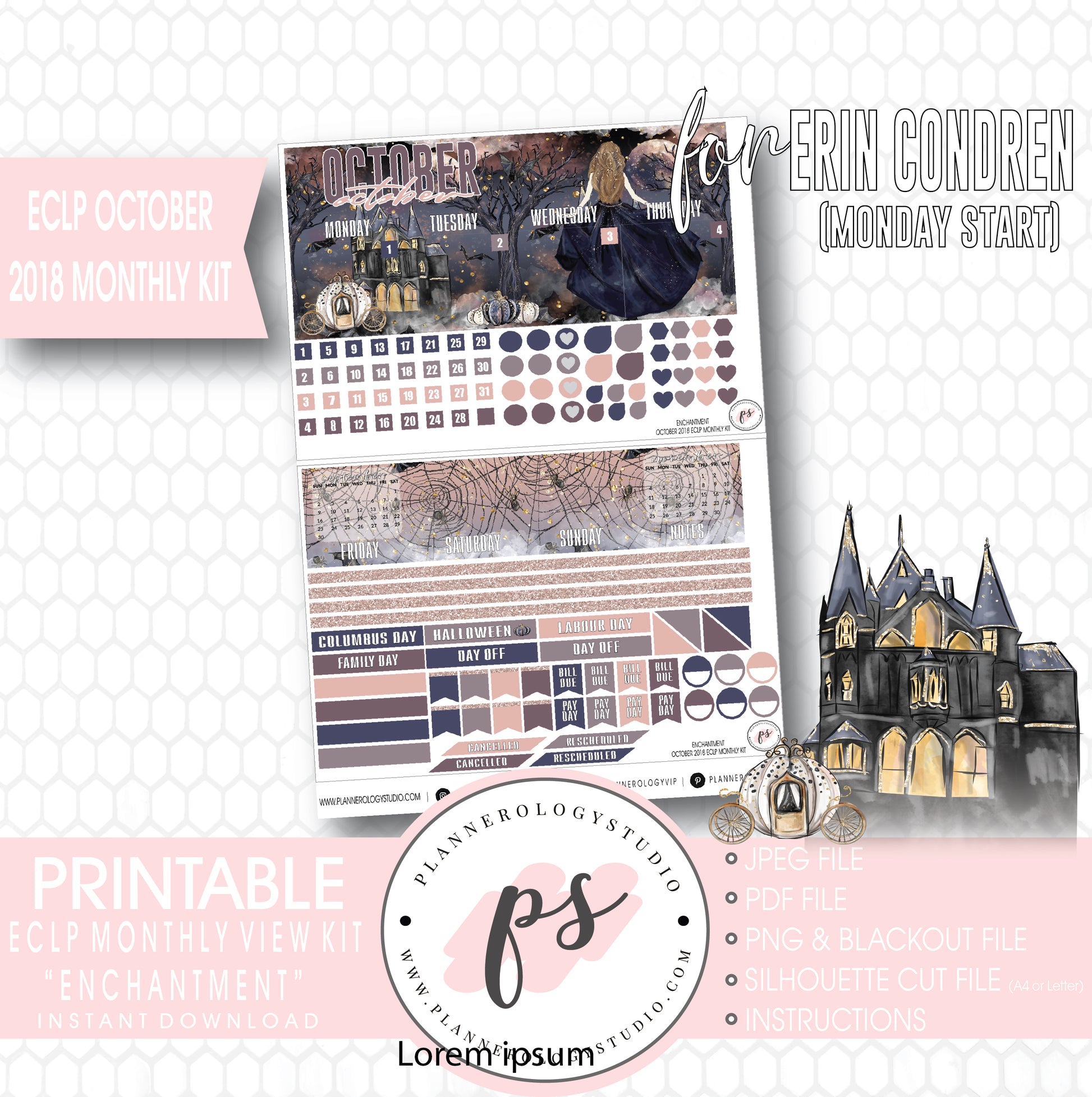 Enchantment Halloween October 2018 Monthly View Kit Digital Printable Planner Stickers (for use with Erin Condren) (Monday Start) - Plannerologystudio