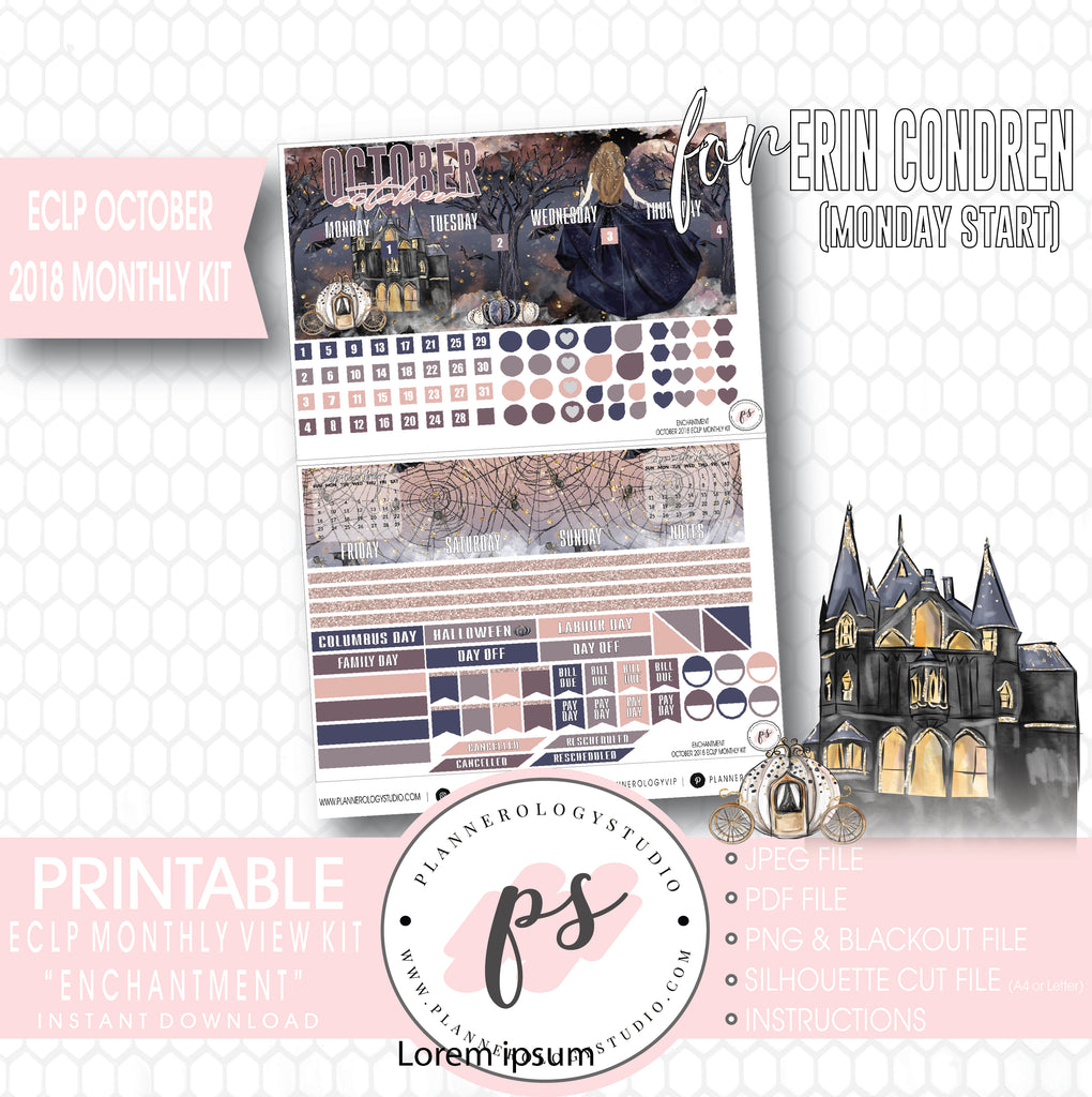 Enchantment Halloween October 2018 Monthly View Kit Digital Printable Planner Stickers (for use with Erin Condren) (Monday Start) - Plannerologystudio
