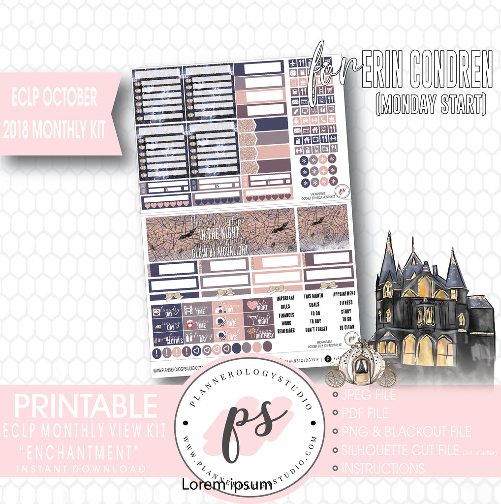 Enchantment Halloween October 2018 Monthly View Kit Digital Printable Planner Stickers (for use with Erin Condren) (Monday Start) - Plannerologystudio