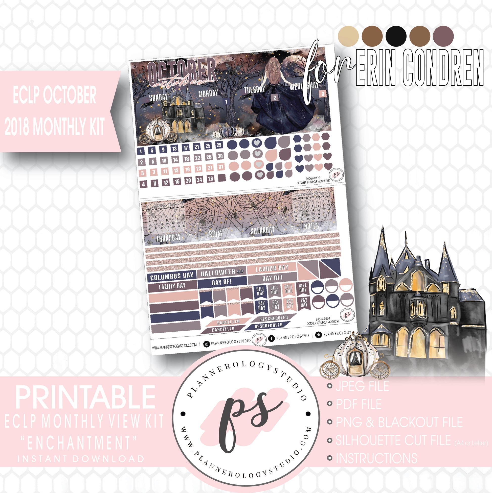 Enchantment Halloween October 2018 Monthly View Kit Digital Printable Planner Stickers (for use with Erin Condren) - Plannerologystudio