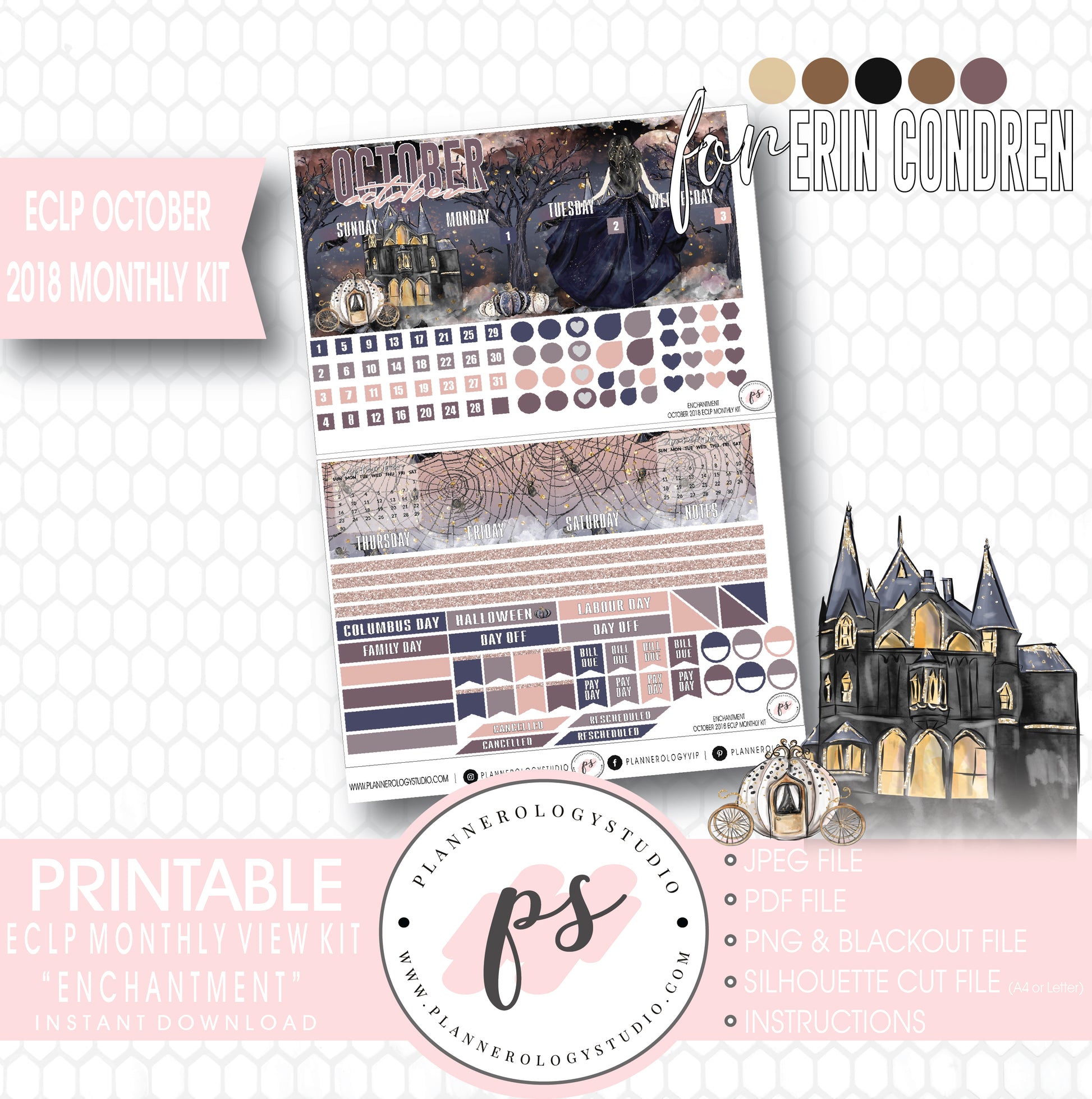 Enchantment Halloween October 2018 Monthly View Kit Digital Printable Planner Stickers (for use with Erin Condren) - Plannerologystudio