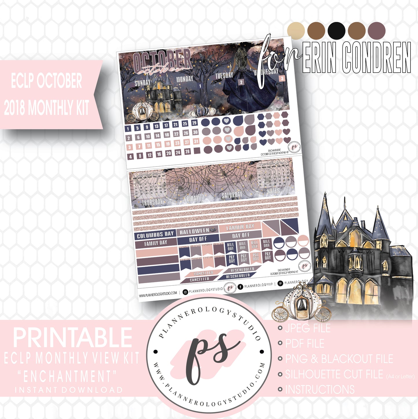 Enchantment Halloween October 2018 Monthly View Kit Digital Printable Planner Stickers (for use with Erin Condren) - Plannerologystudio