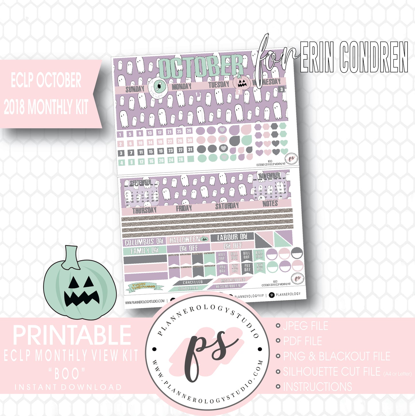 Boo October 2018 Halloween Monthly View Kit Printable Planner Stickers (for use with Erin Condren) - Plannerologystudio