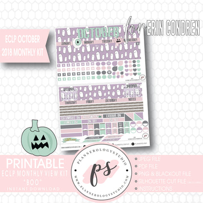 Boo October 2018 Halloween Monthly View Kit Printable Planner Stickers (for use with Erin Condren) - Plannerologystudio