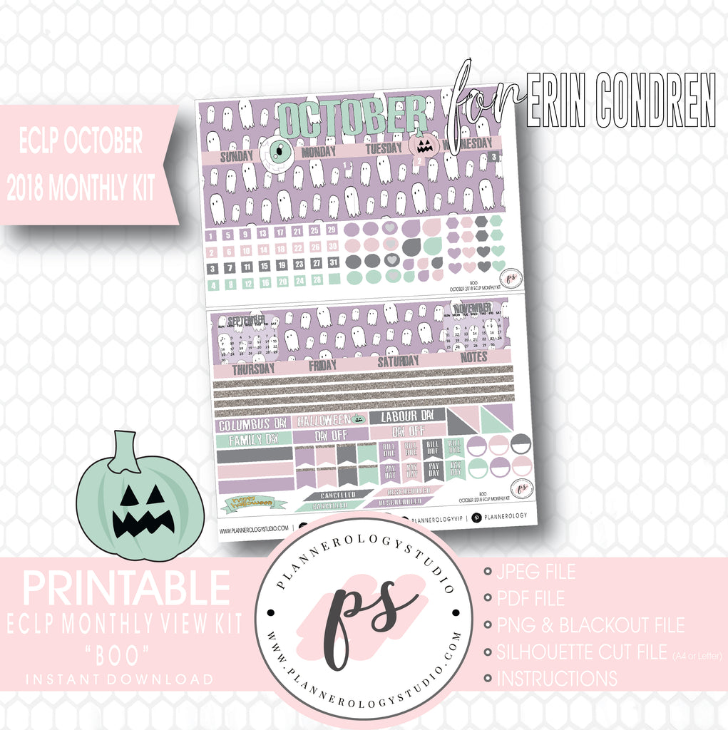 Boo October 2018 Halloween Monthly View Kit Printable Planner Stickers (for use with Erin Condren) - Plannerologystudio