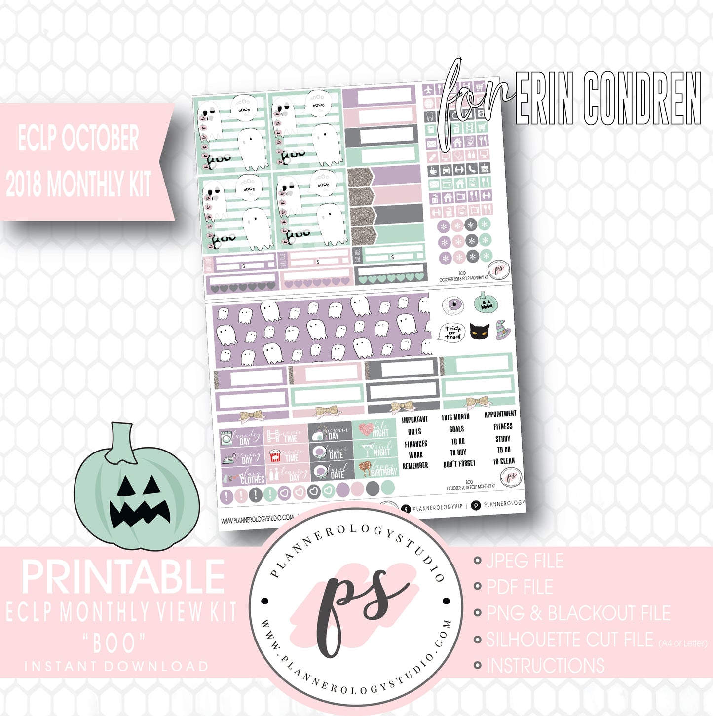 Boo October 2018 Halloween Monthly View Kit Printable Planner Stickers (for use with Erin Condren) - Plannerologystudio