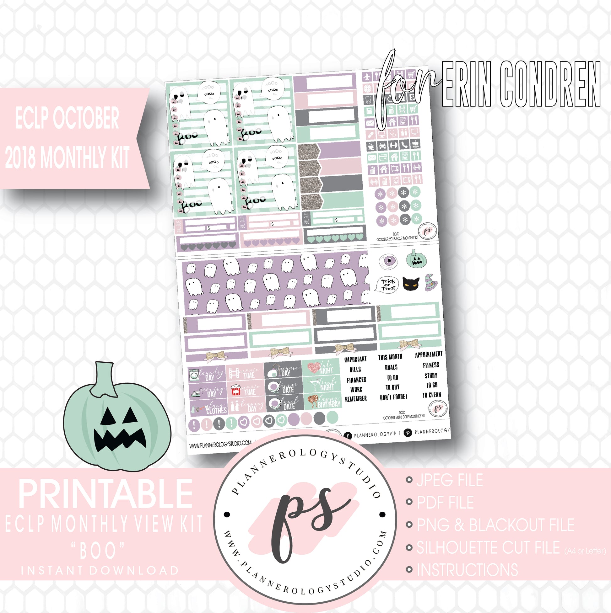 Boo October 2018 Halloween Monthly View Kit Printable Planner Stickers (for use with Erin Condren) - Plannerologystudio