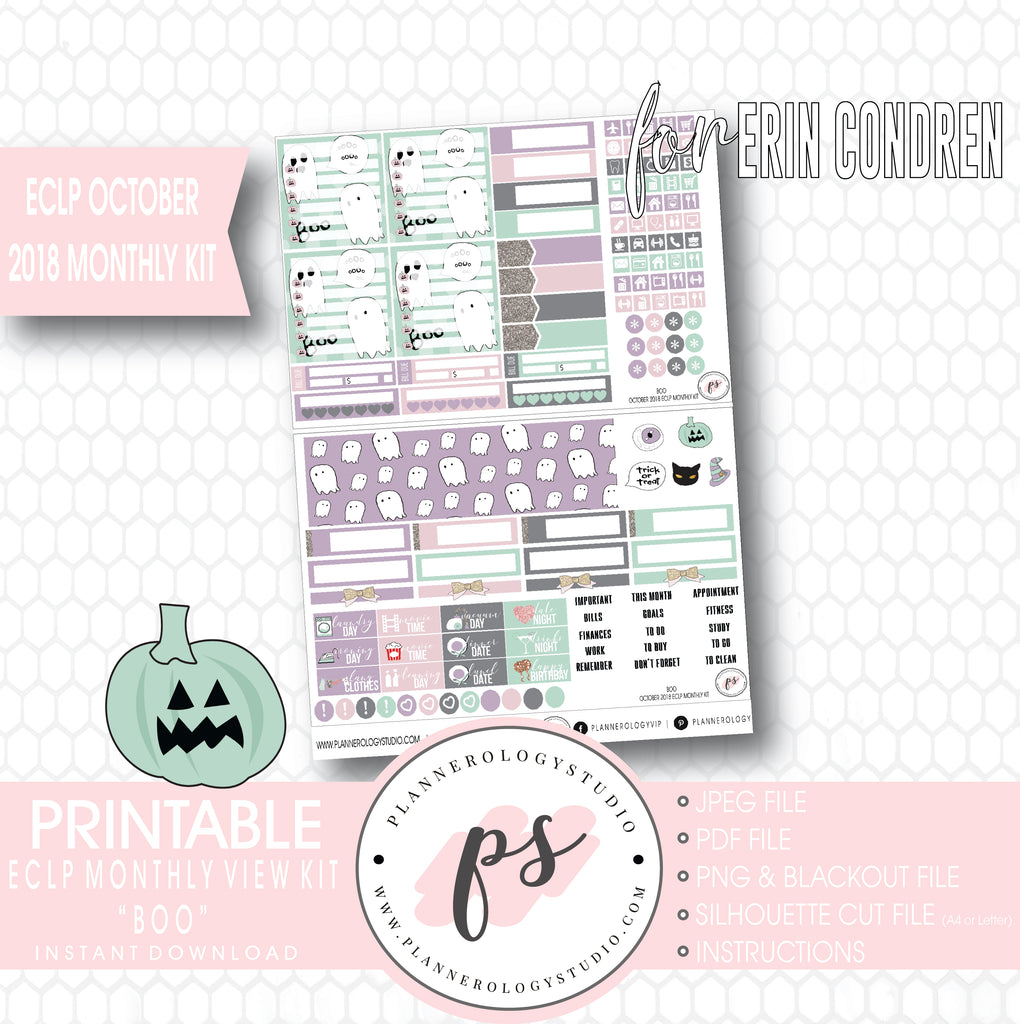 Boo October 2018 Halloween Monthly View Kit Printable Planner Stickers (for use with Erin Condren) - Plannerologystudio