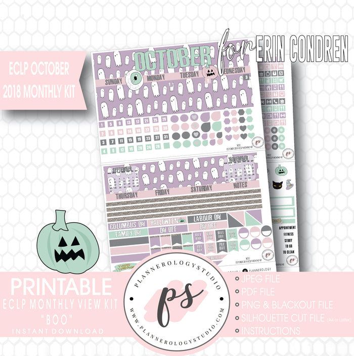 Boo October 2018 Halloween Monthly View Kit Printable Planner Stickers (for use with Erin Condren) - Plannerologystudio