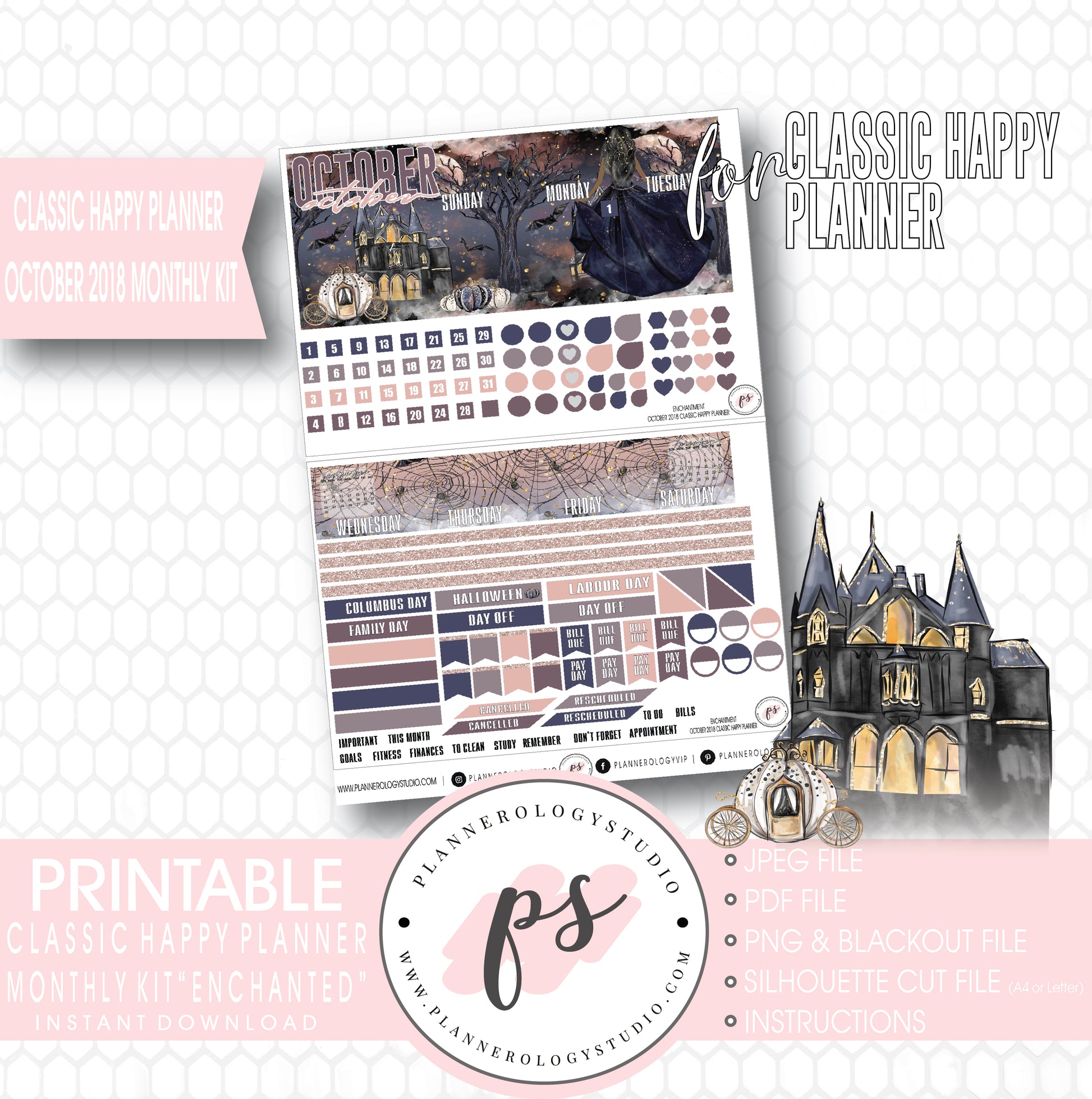 Enchantment Halloween October 2018 Monthly View Kit Digital Printable Planner Stickers (for use with Classic Happy Planner) - Plannerologystudio