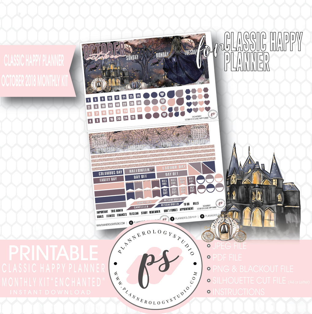 Enchantment Halloween October 2018 Monthly View Kit Digital Printable Planner Stickers (for use with Classic Happy Planner) - Plannerologystudio