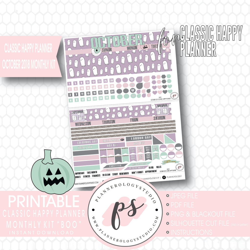 Boo October 2018 Halloween Monthly View Kit Printable Planner Stickers (for use with Classic Happy Planner) - Plannerologystudio