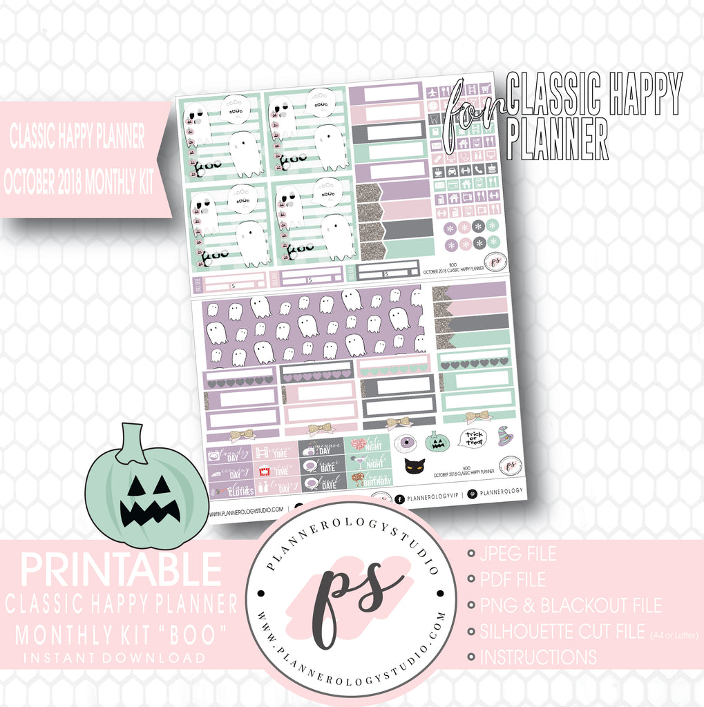 Boo October 2018 Halloween Monthly View Kit Printable Planner Stickers (for use with Classic Happy Planner) - Plannerologystudio