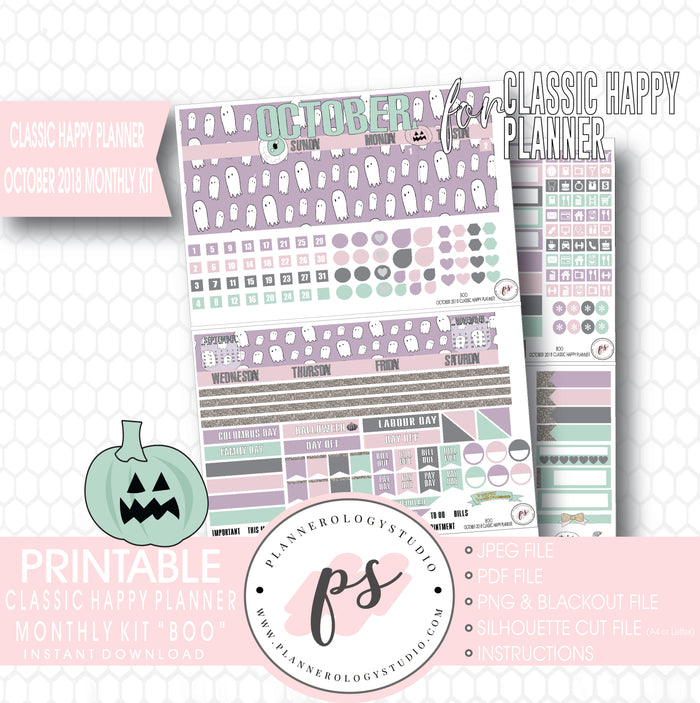 Boo October 2018 Halloween Monthly View Kit Printable Planner Stickers (for use with Classic Happy Planner) - Plannerologystudio