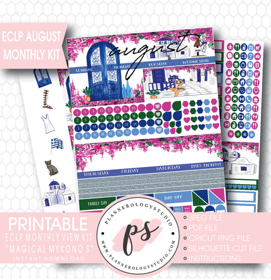 "Magical Mykonos" August 2017 Monthly View Kit Printable Planner Stickers (for use with ECLP) - Plannerologystudio