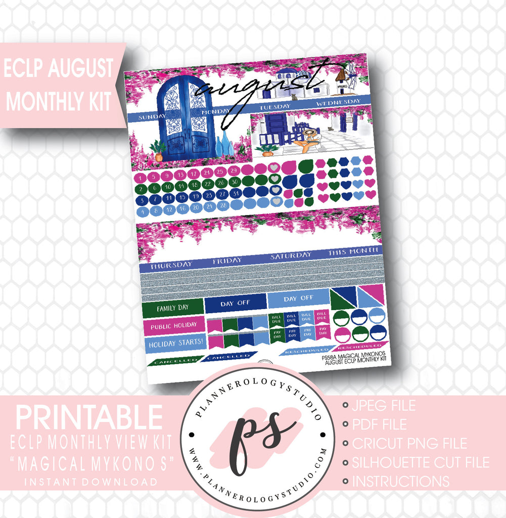 "Magical Mykonos" August 2017 Monthly View Kit Printable Planner Stickers (for use with ECLP) - Plannerologystudio