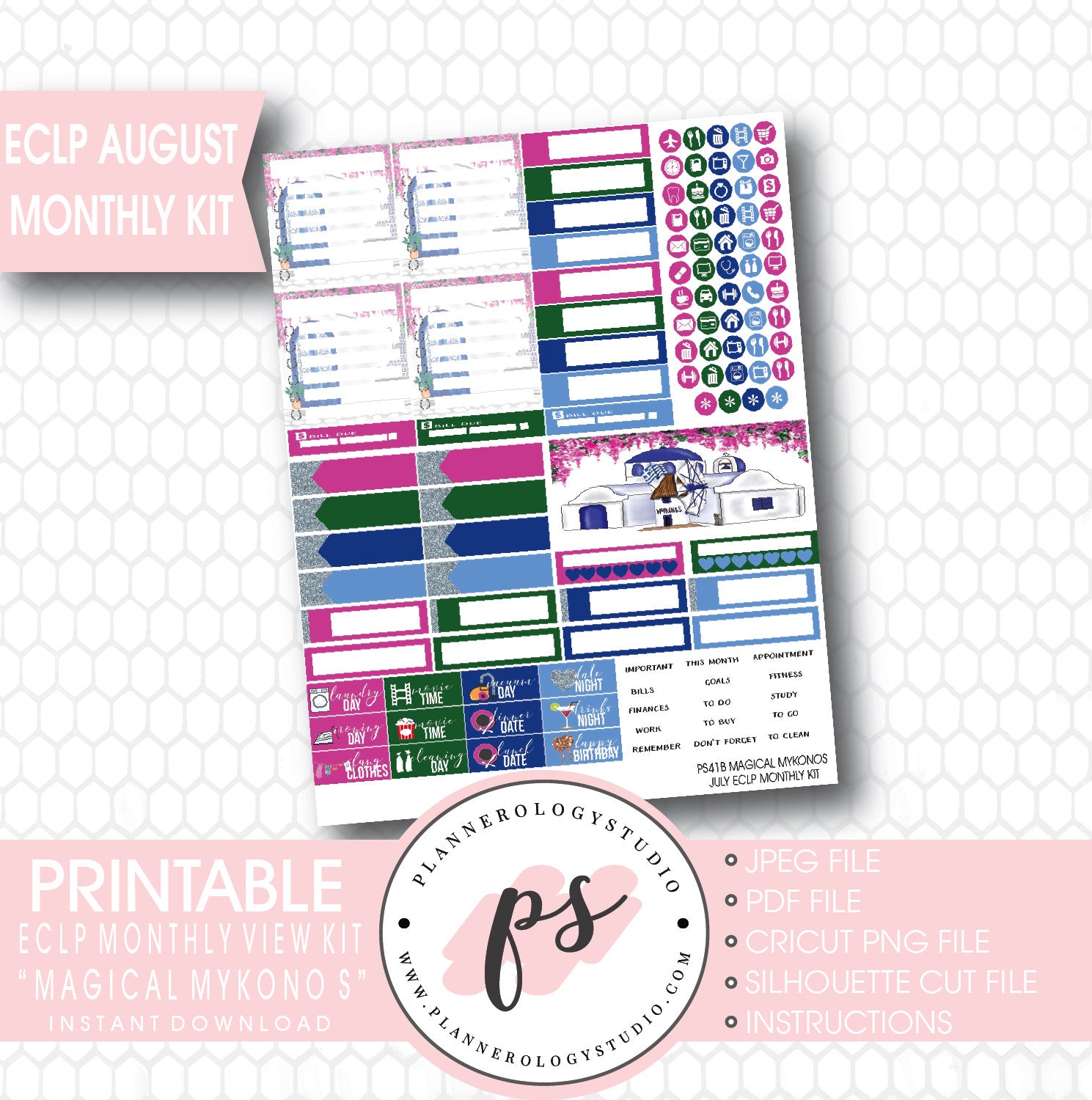 "Magical Mykonos" August 2017 Monthly View Kit Printable Planner Stickers (for use with ECLP) - Plannerologystudio