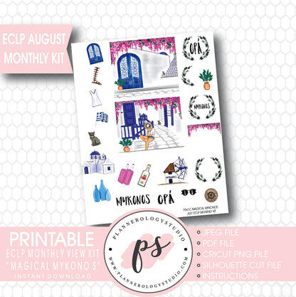 "Magical Mykonos" August 2017 Monthly View Kit Printable Planner Stickers (for use with ECLP) - Plannerologystudio