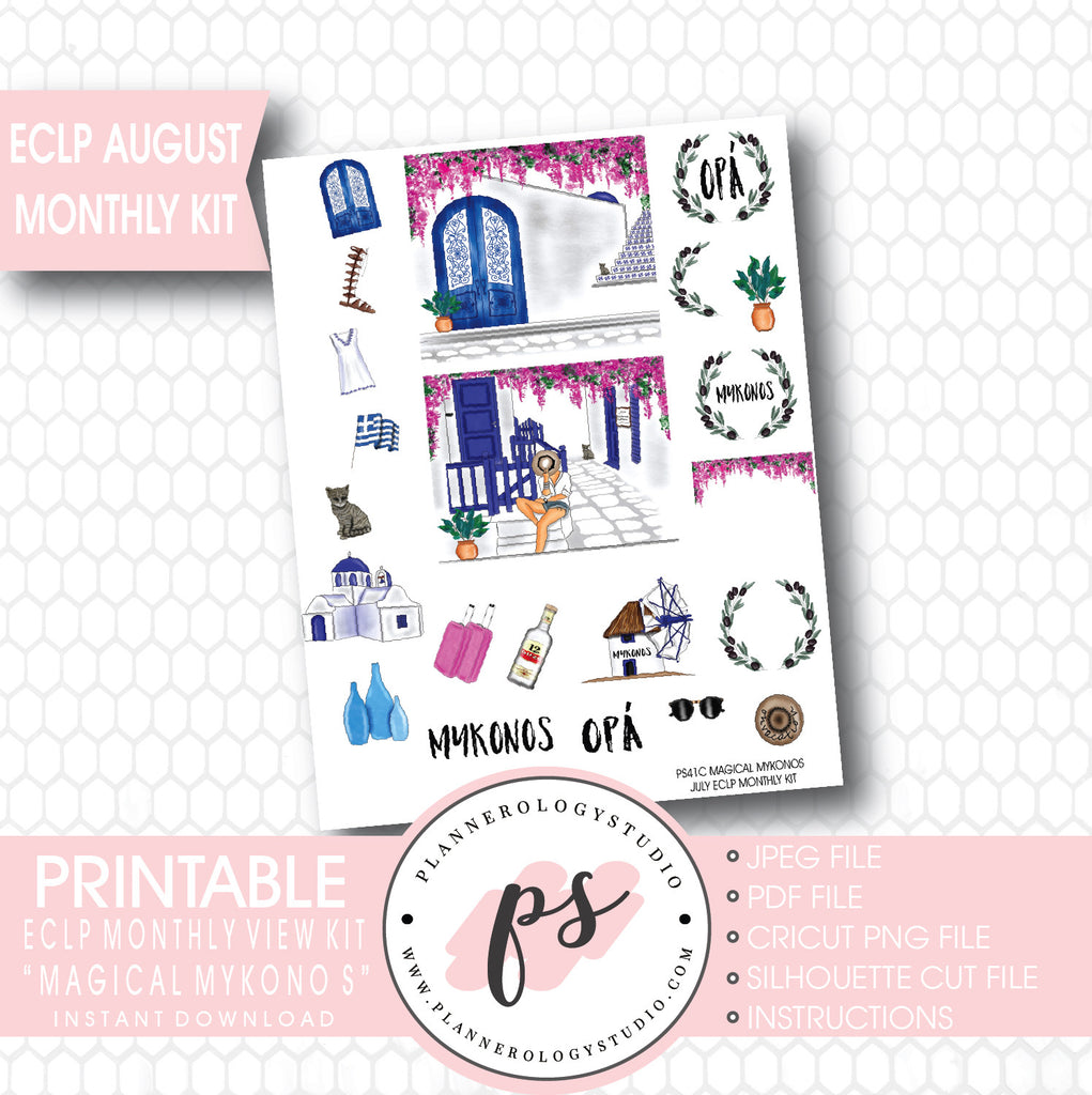 "Magical Mykonos" August 2017 Monthly View Kit Printable Planner Stickers (for use with ECLP) - Plannerologystudio