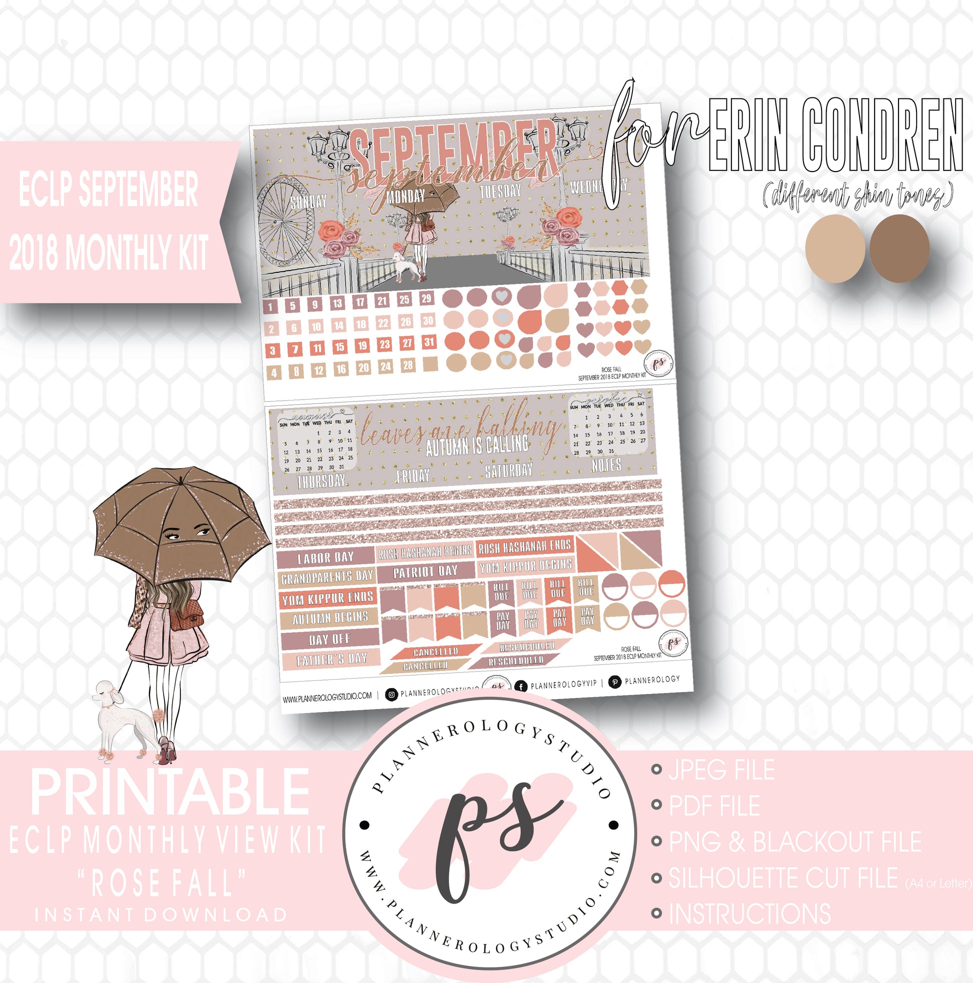 Rose Fall September 2018 Monthly View Kit Digital Printable Planner Stickers (for use with Erin Condren) - Plannerologystudio