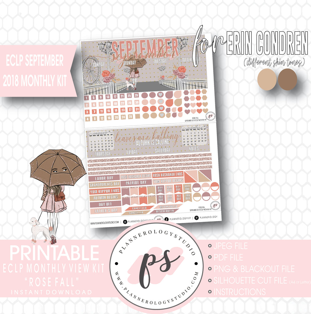 Rose Fall September 2018 Monthly View Kit Digital Printable Planner Stickers (for use with Erin Condren) - Plannerologystudio