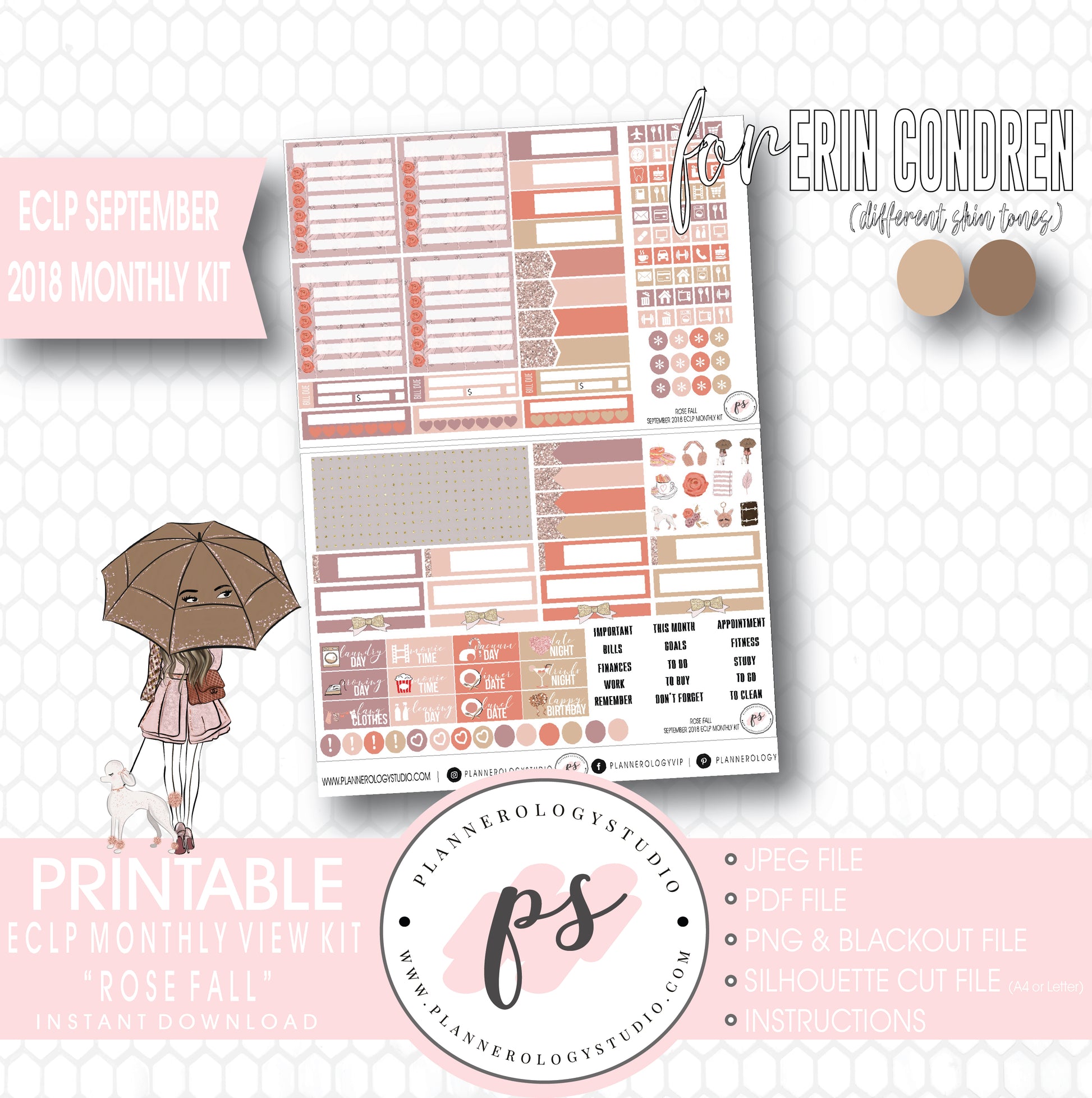 Rose Fall September 2018 Monthly View Kit Digital Printable Planner Stickers (for use with Erin Condren) - Plannerologystudio