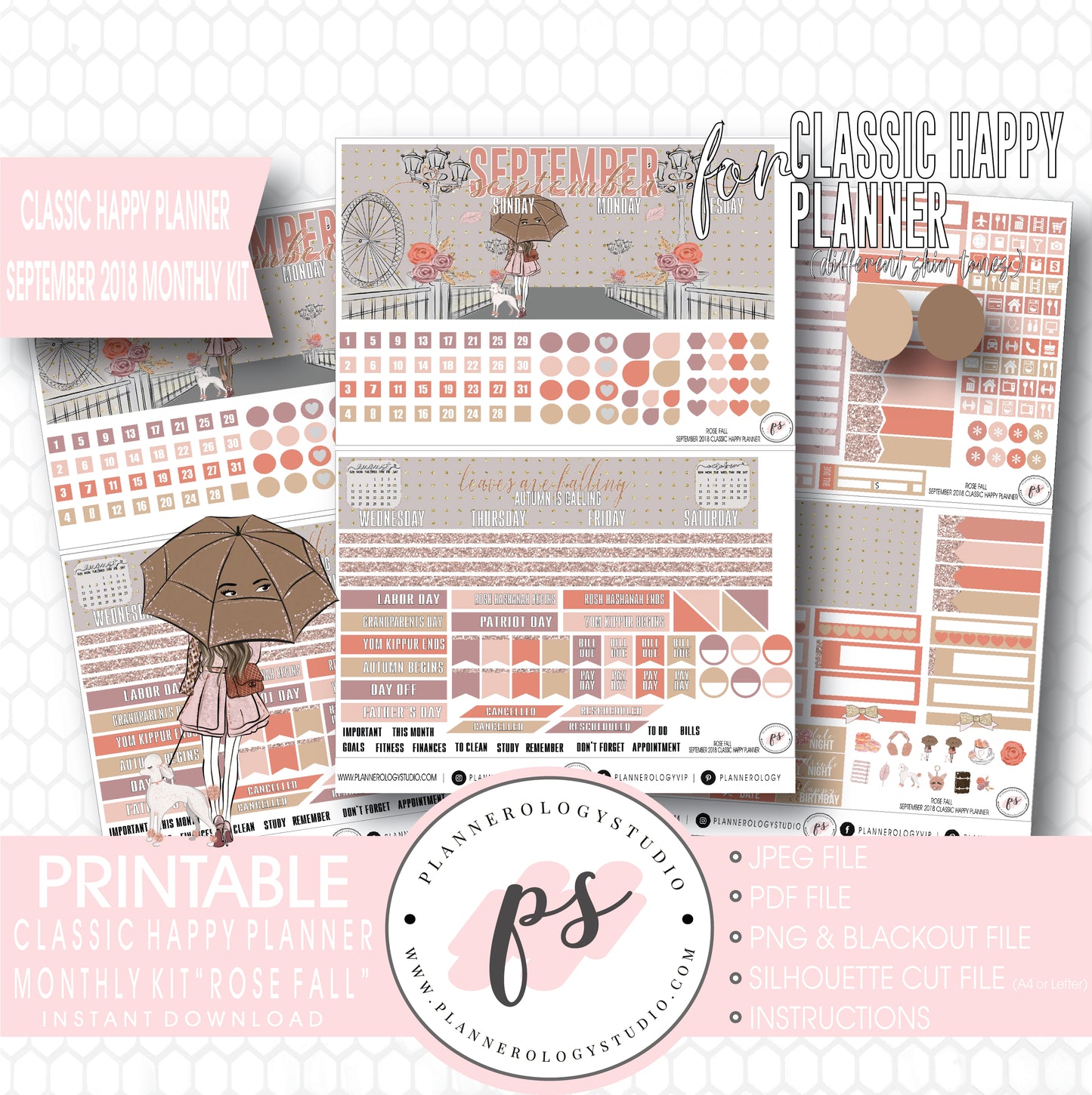 Rose Fall September 2018 Monthly View Kit Digital Printable Planner Stickers (for use with Classic Happy Planner) - Plannerologystudio