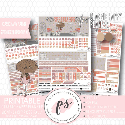 Rose Fall September 2018 Monthly View Kit Digital Printable Planner Stickers (for use with Classic Happy Planner) - Plannerologystudio