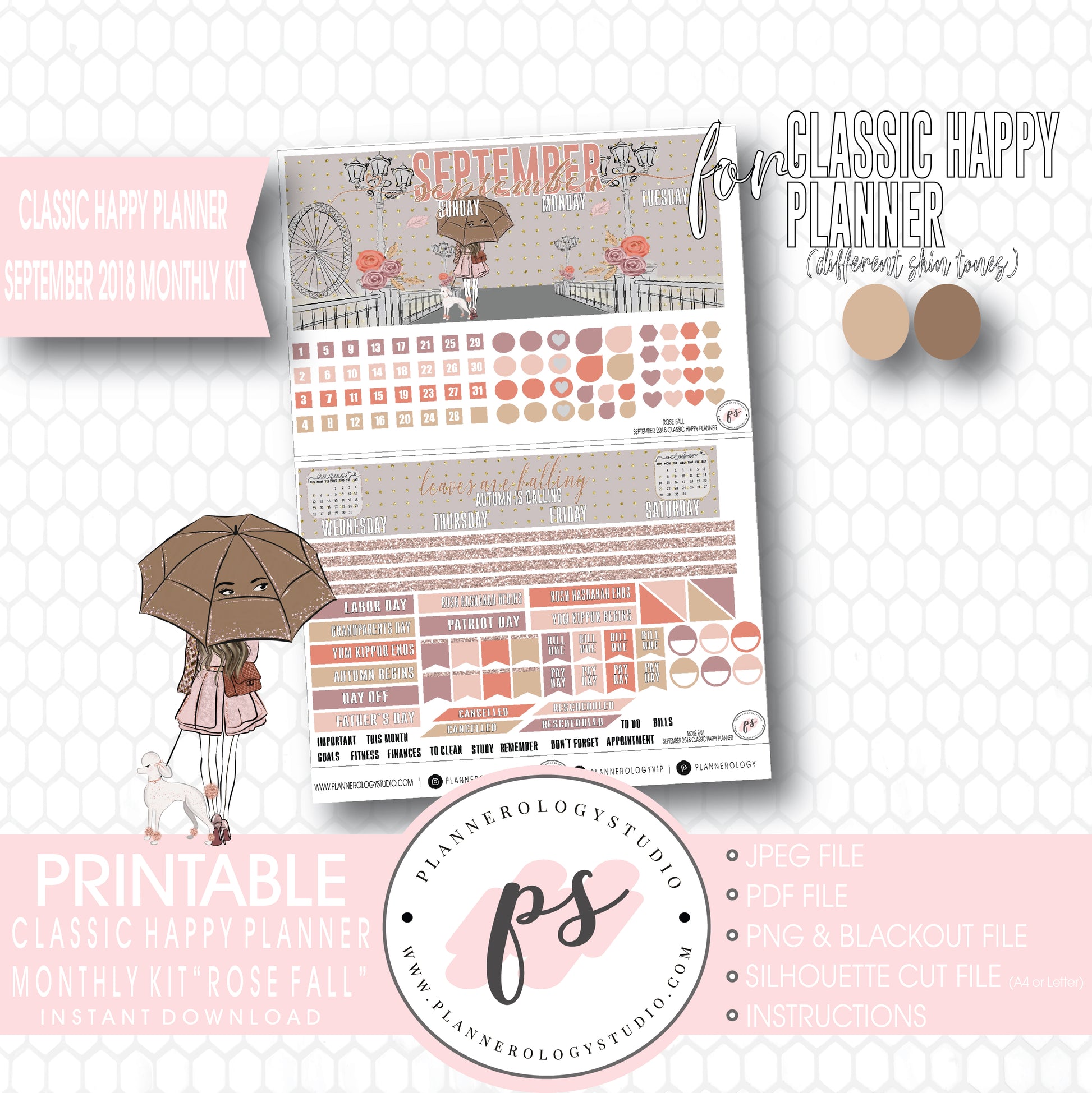 Rose Fall September 2018 Monthly View Kit Digital Printable Planner Stickers (for use with Classic Happy Planner) - Plannerologystudio