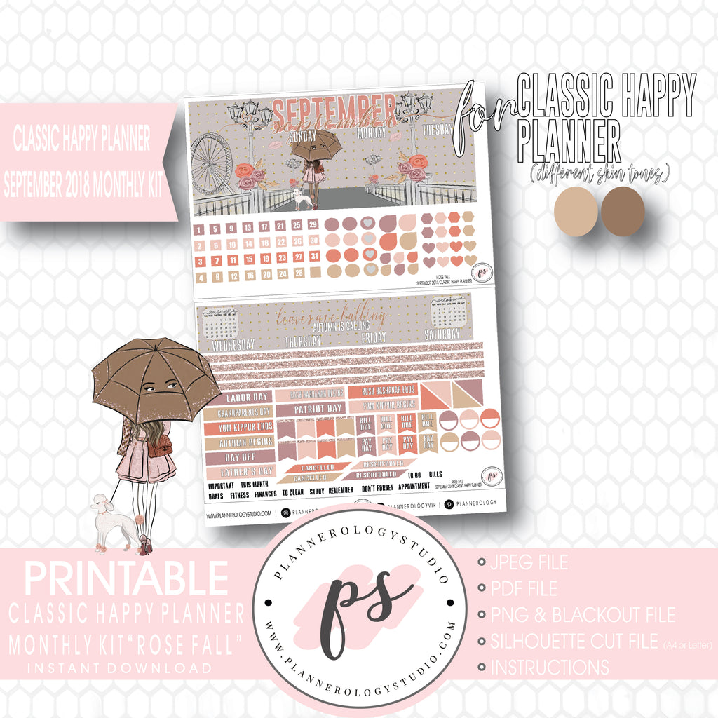 Rose Fall September 2018 Monthly View Kit Digital Printable Planner Stickers (for use with Classic Happy Planner) - Plannerologystudio