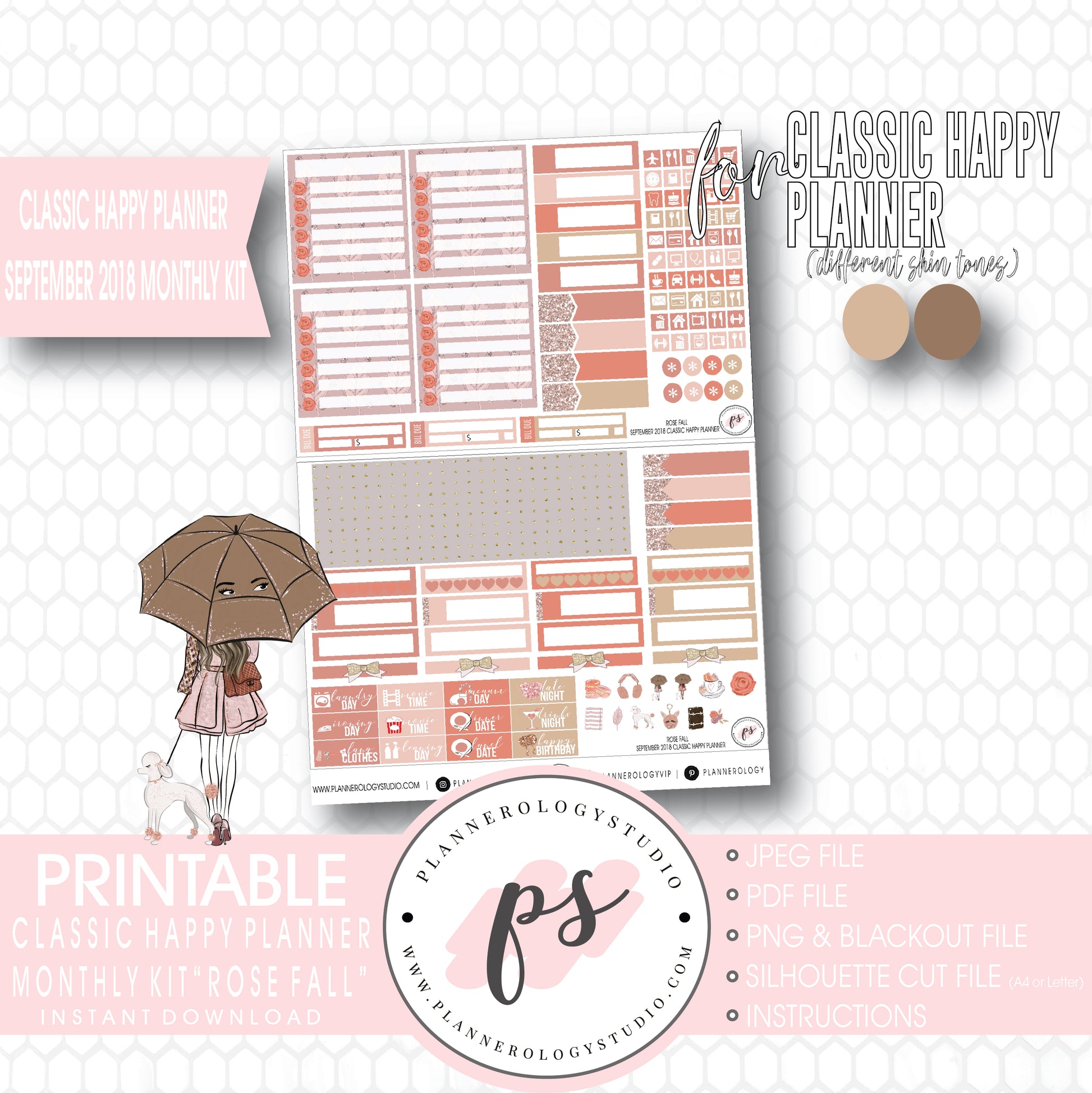 Rose Fall September 2018 Monthly View Kit Digital Printable Planner Stickers (for use with Classic Happy Planner) - Plannerologystudio