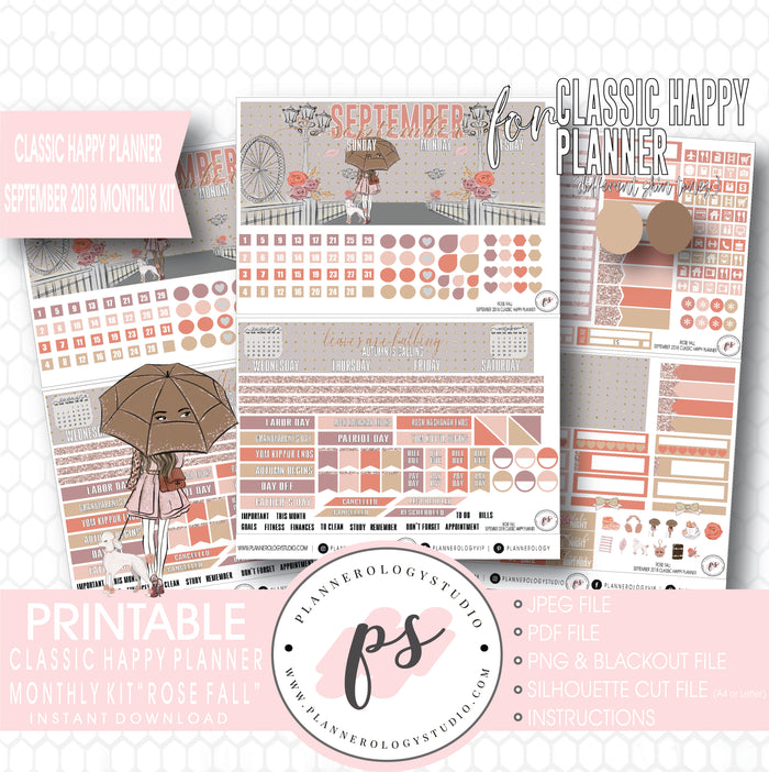 Rose Fall September 2018 Monthly View Kit Digital Printable Planner Stickers (for use with Classic Happy Planner) - Plannerologystudio