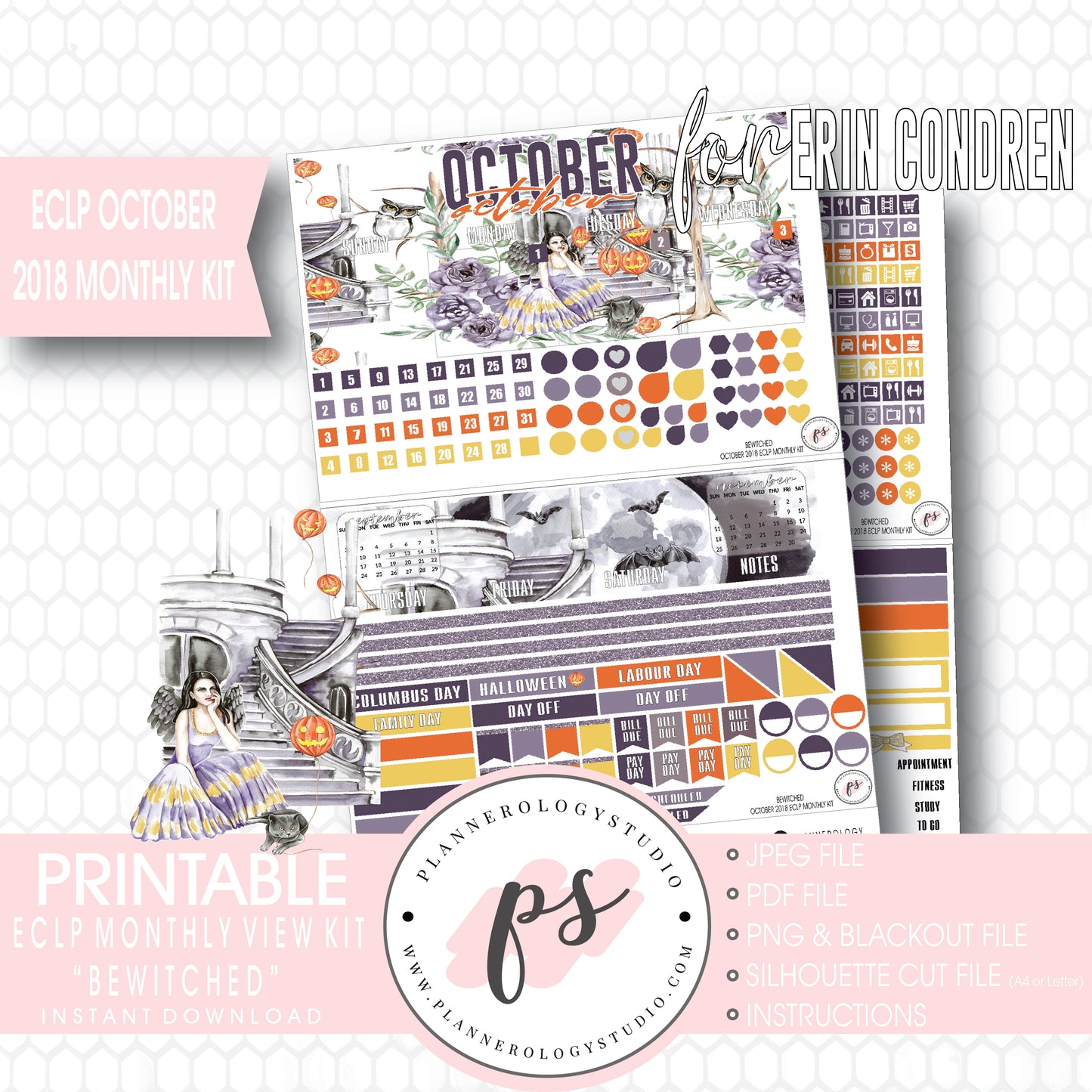 Bewitched October 2018 Halloween Monthly View Kit Printable Planner Stickers (for use with Erin Condren) - Plannerologystudio