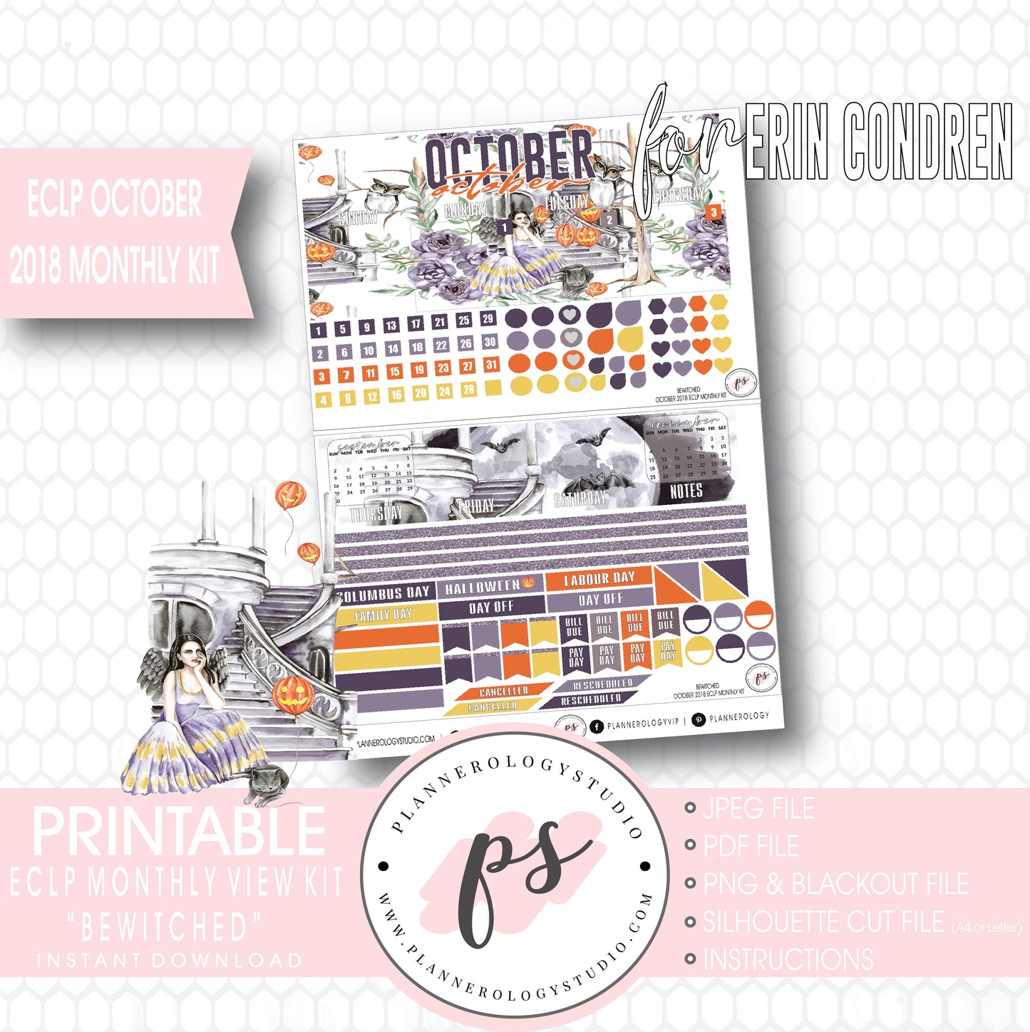 Bewitched October 2018 Halloween Monthly View Kit Printable Planner Stickers (for use with Erin Condren) - Plannerologystudio