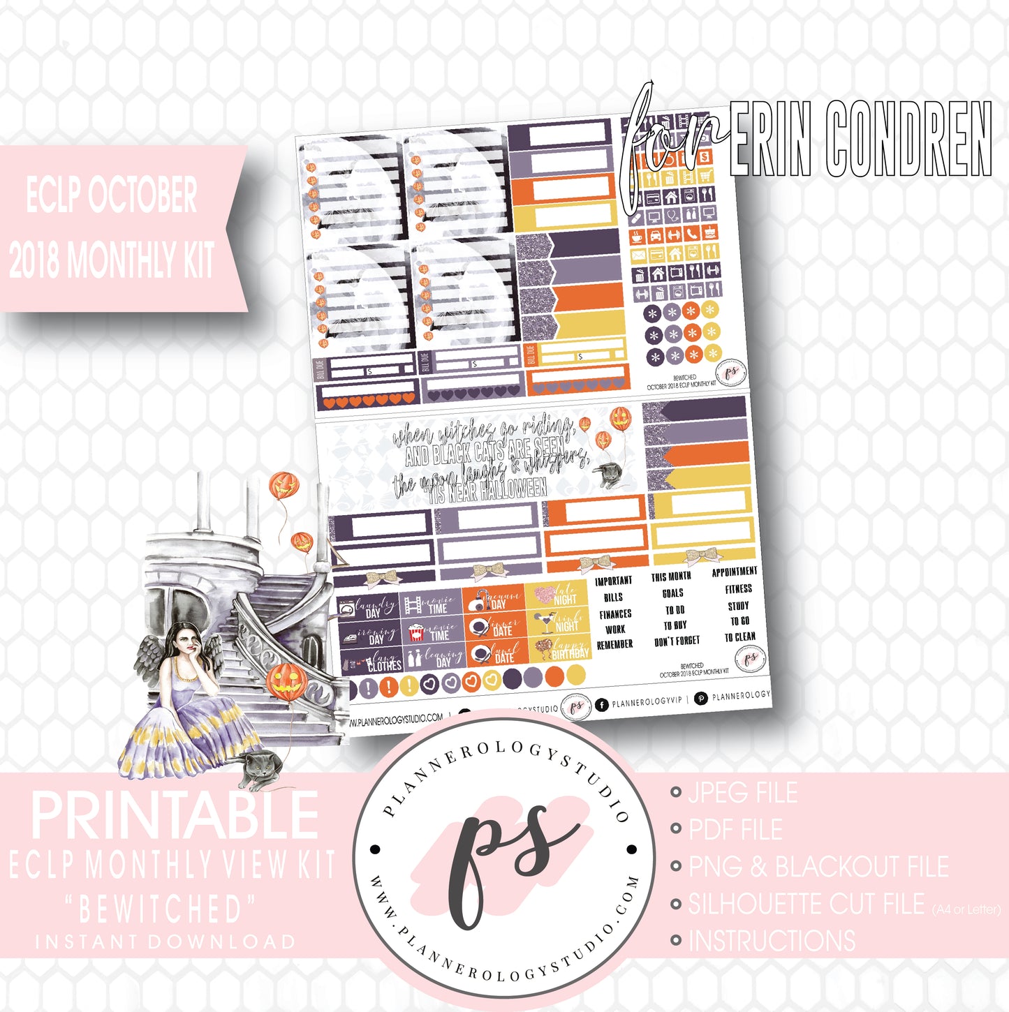 Bewitched October 2018 Halloween Monthly View Kit Printable Planner Stickers (for use with Erin Condren) - Plannerologystudio