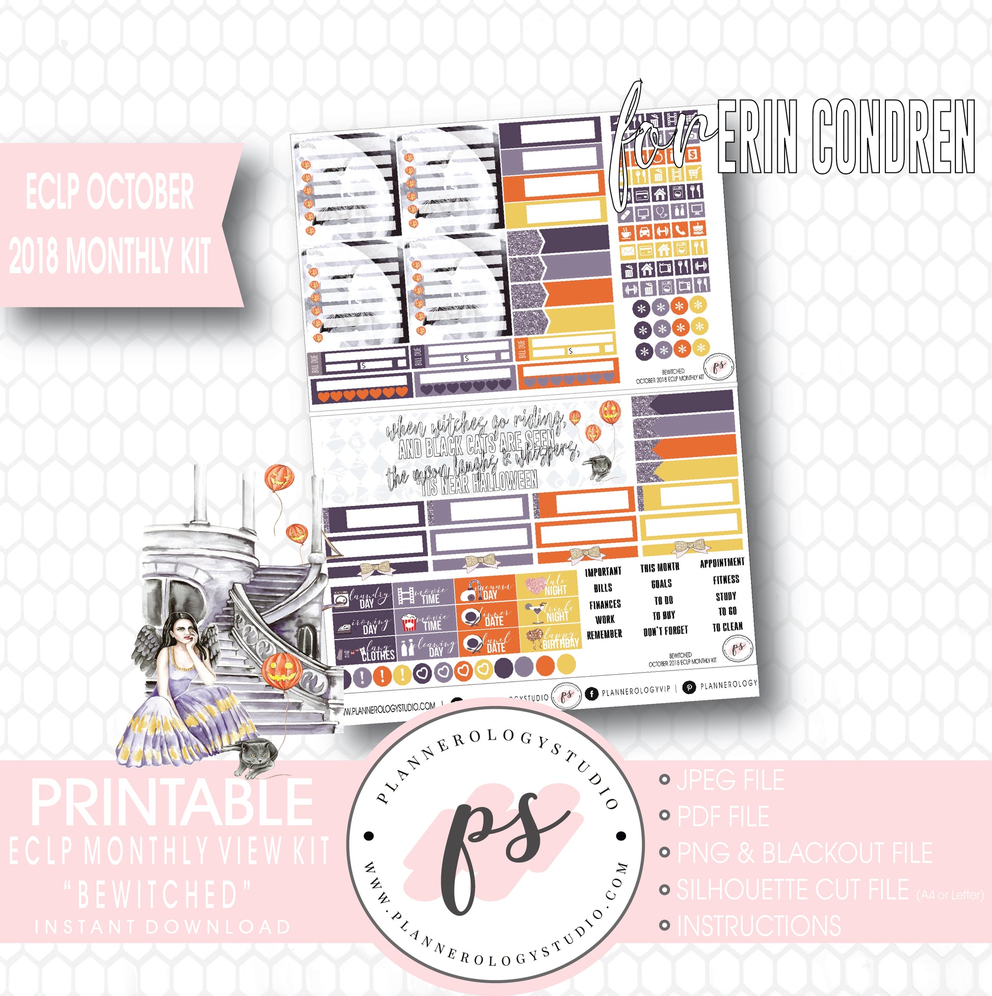 Bewitched October 2018 Halloween Monthly View Kit Printable Planner Stickers (for use with Erin Condren) - Plannerologystudio