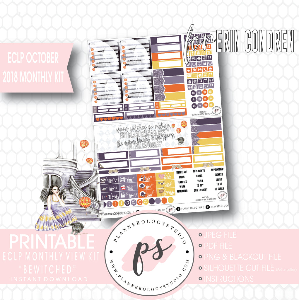 Bewitched October 2018 Halloween Monthly View Kit Printable Planner Stickers (for use with Erin Condren) - Plannerologystudio