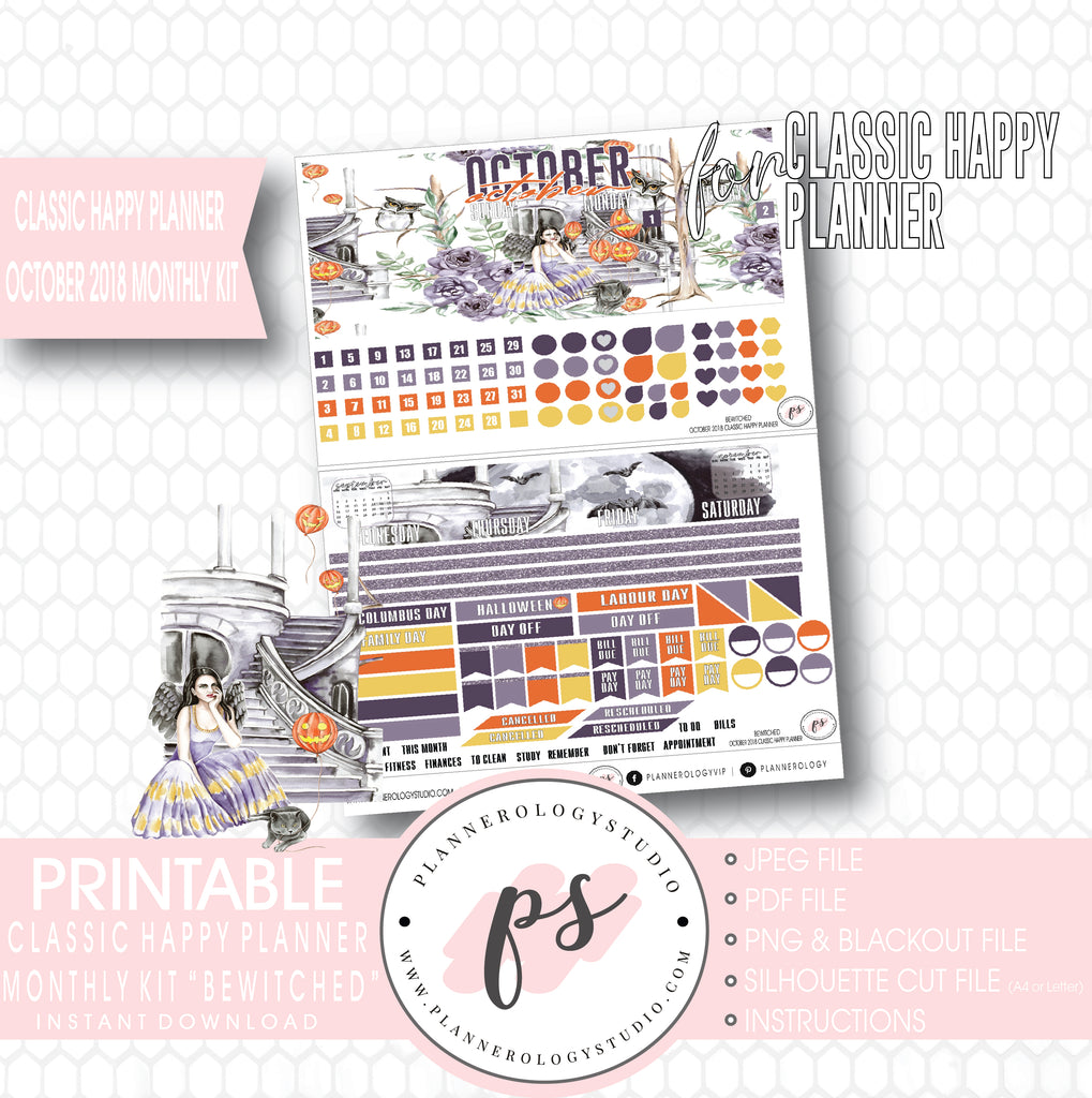 Bewitched October 2018 Halloween Monthly View Kit Printable Planner Stickers (for use with Classic Happy Planner) - Plannerologystudio