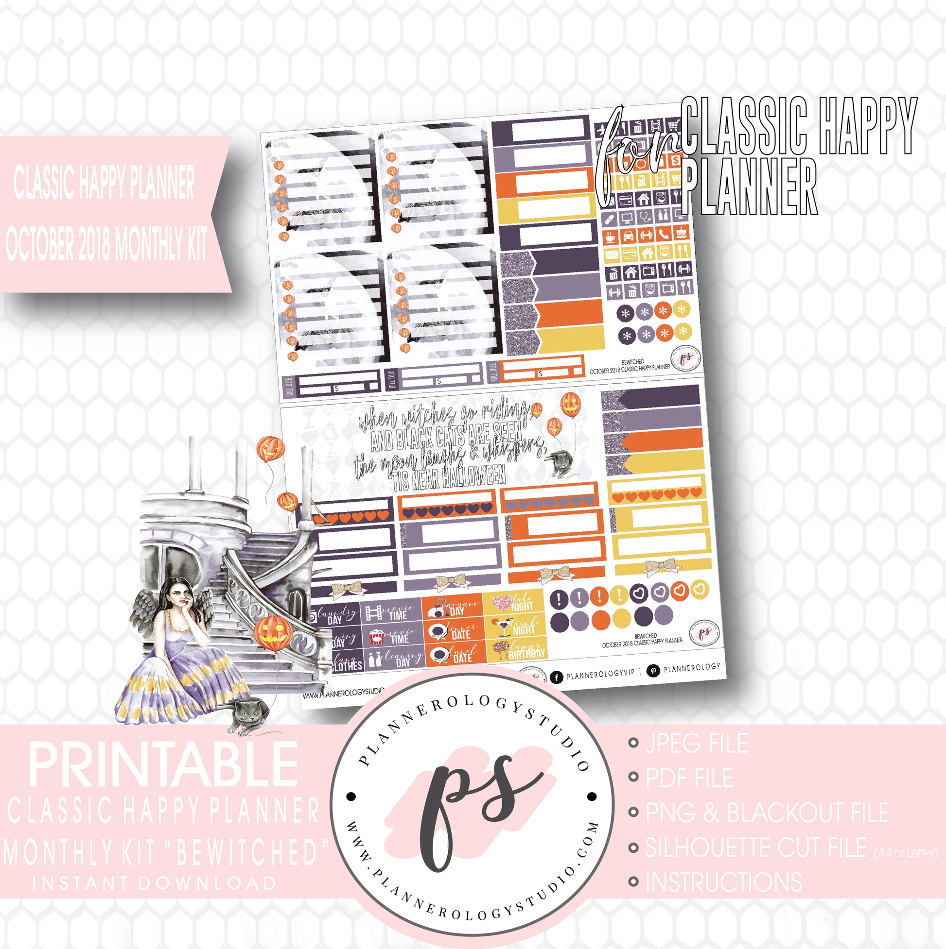 Bewitched October 2018 Halloween Monthly View Kit Printable Planner Stickers (for use with Classic Happy Planner) - Plannerologystudio