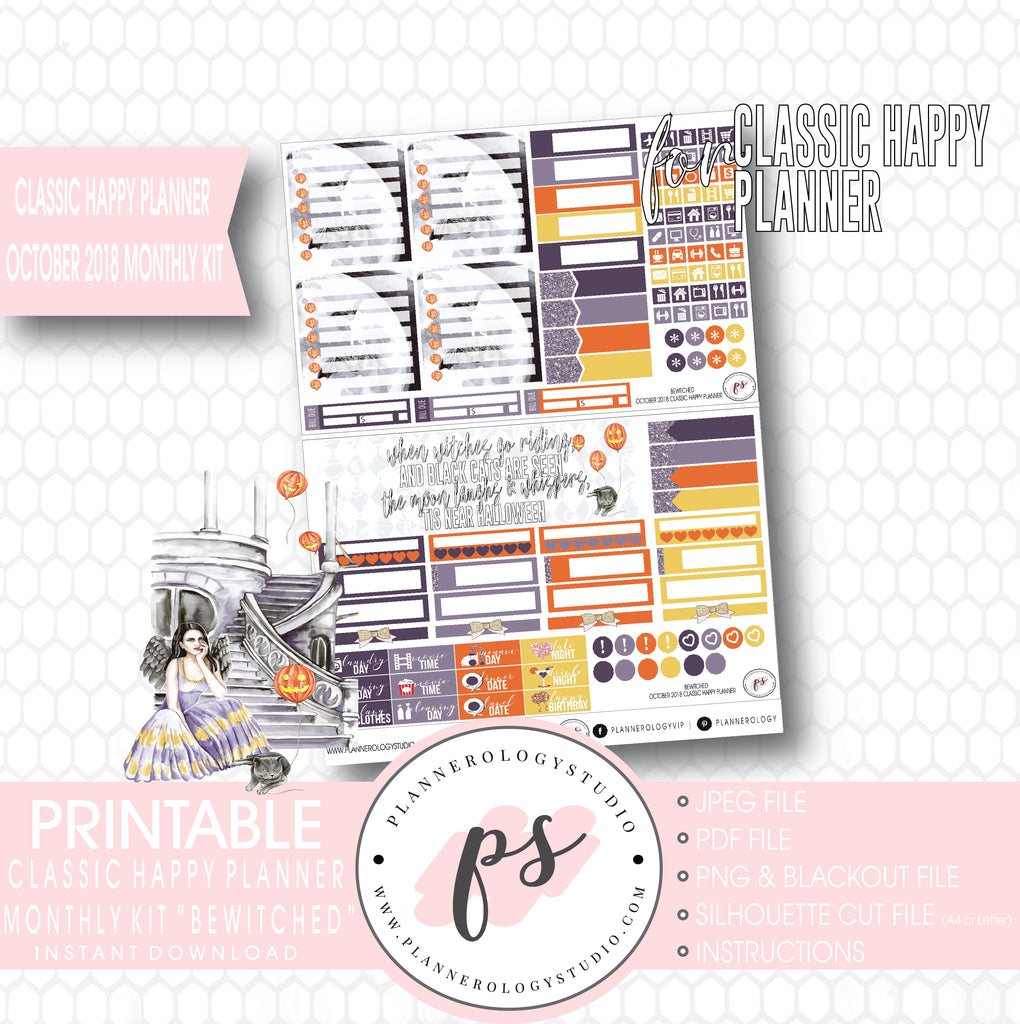Bewitched October 2018 Halloween Monthly View Kit Printable Planner Stickers (for use with Classic Happy Planner) - Plannerologystudio