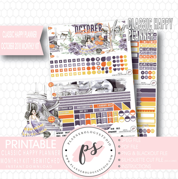 Bewitched October 2018 Halloween Monthly View Kit Printable Planner Stickers (for use with Classic Happy Planner) - Plannerologystudio
