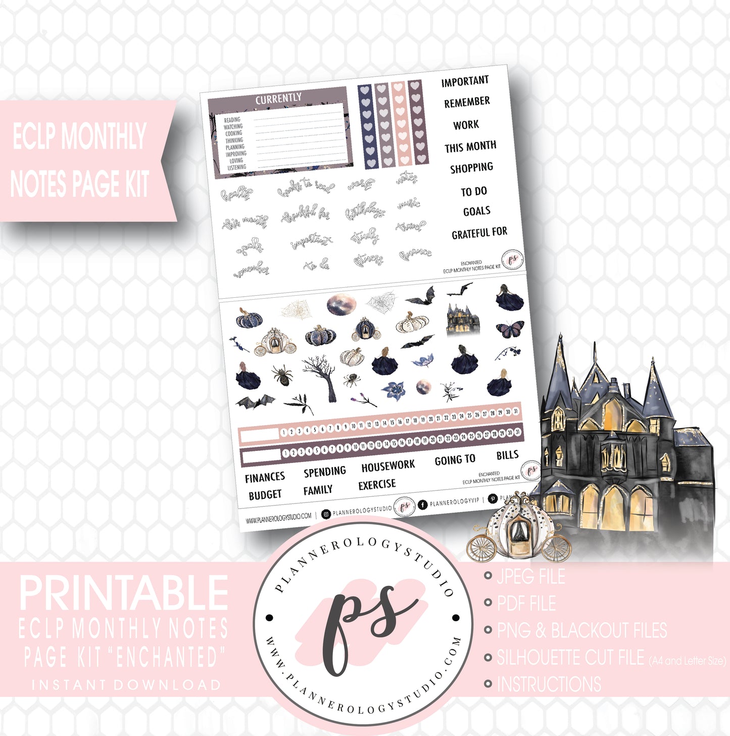 Enchanted Halloween Monthly Notes Page Kit Digital Printable Planner Stickers (for use with Erin Condren) - Plannerologystudio