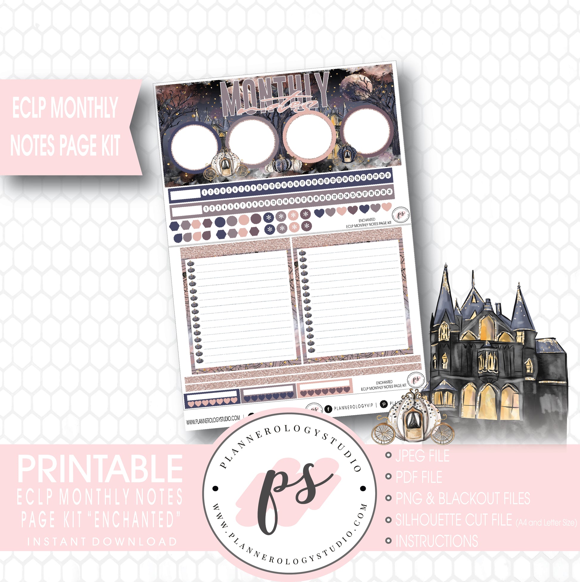 Enchanted Halloween Monthly Notes Page Kit Digital Printable Planner Stickers (for use with Erin Condren) - Plannerologystudio