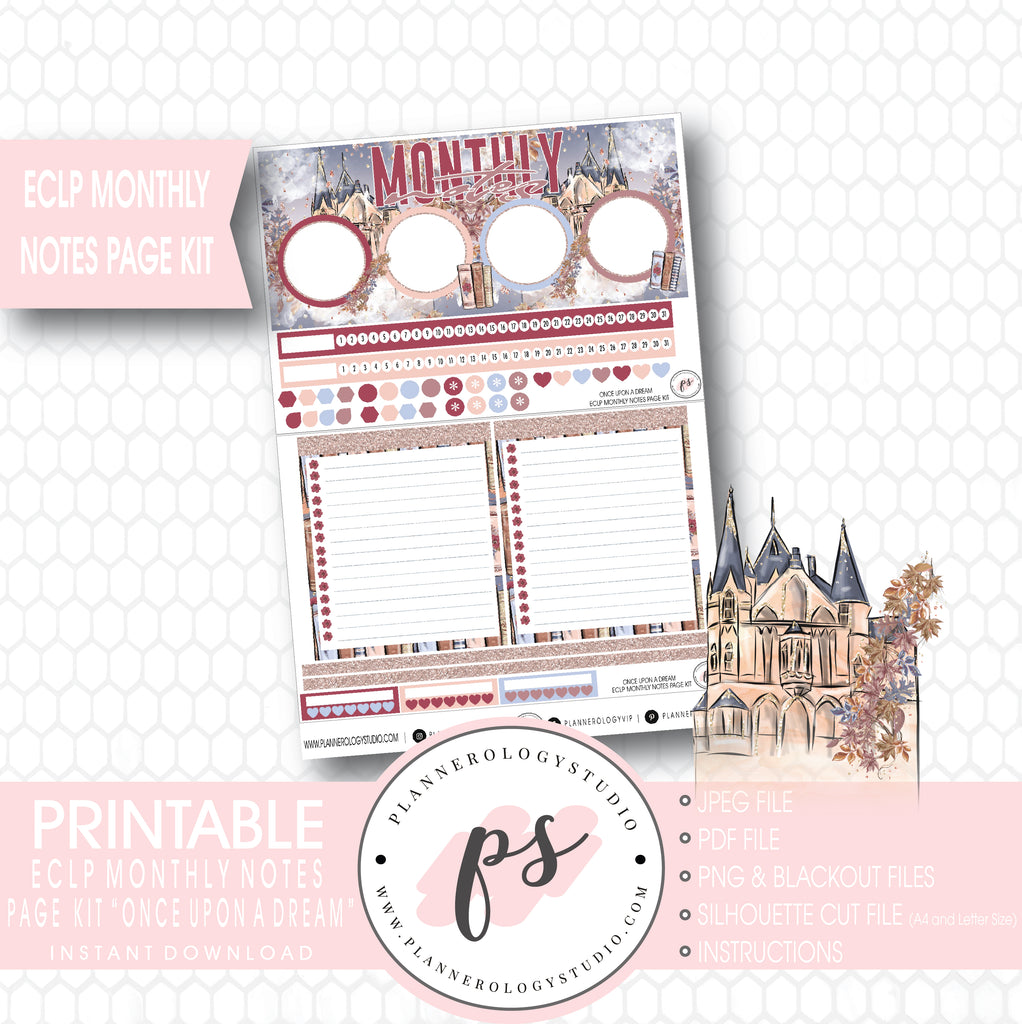 Once Upon a Dream Monthly Notes Page Kit Digital Printable Planner Stickers (for use with Erin Condren) - Plannerologystudio
