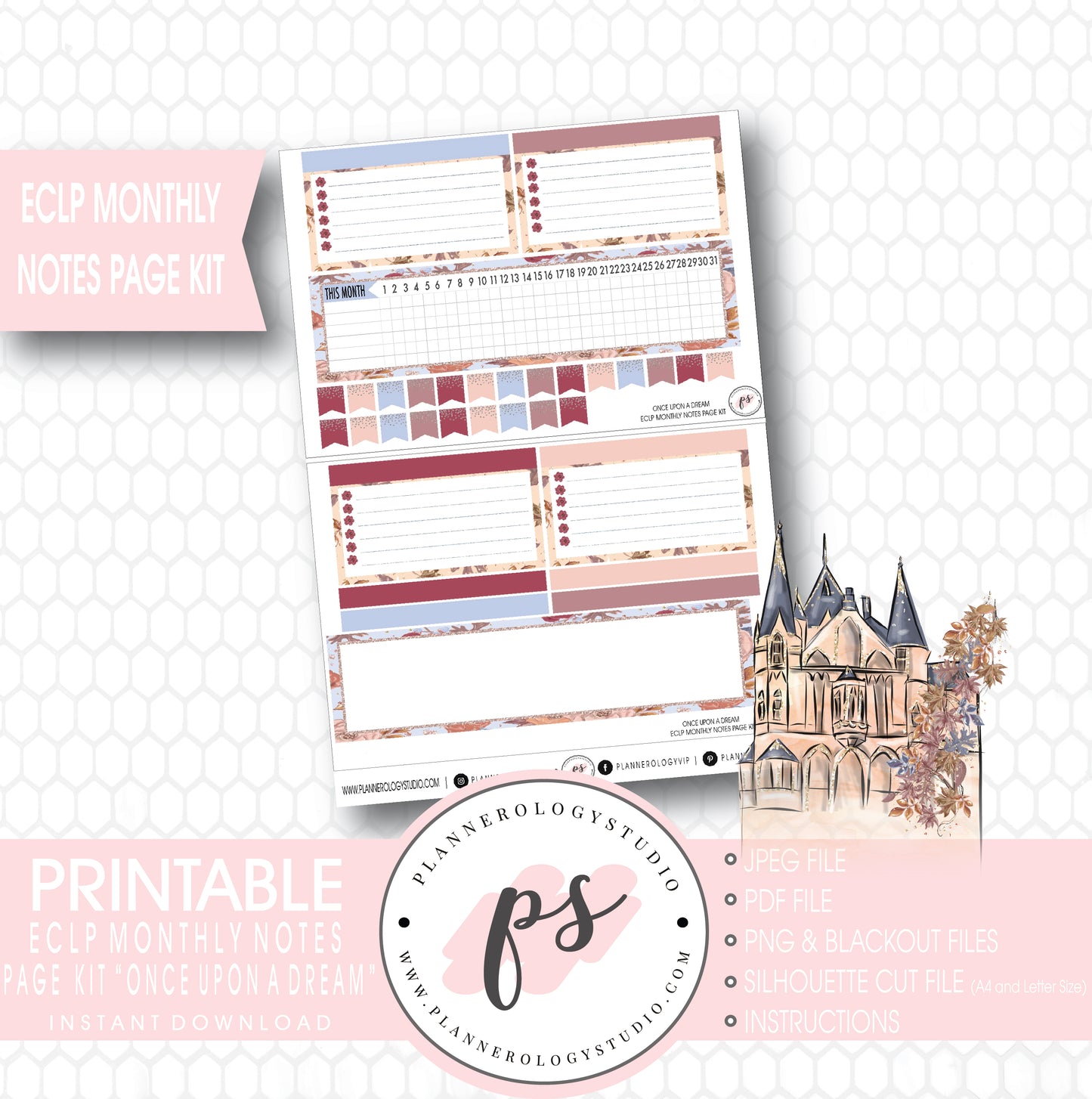 Once Upon a Dream Monthly Notes Page Kit Digital Printable Planner Stickers (for use with Erin Condren) - Plannerologystudio