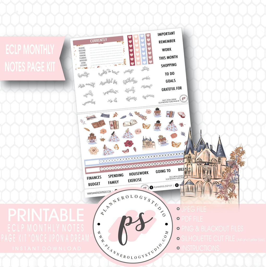 Once Upon a Dream Monthly Notes Page Kit Digital Printable Planner Stickers (for use with Erin Condren) - Plannerologystudio