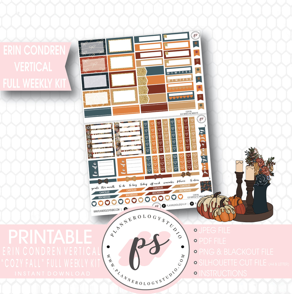 Cozy Fall Full Weekly Kit Printable Planner Stickers (for use with Erin Condren Vertical) - Plannerologystudio